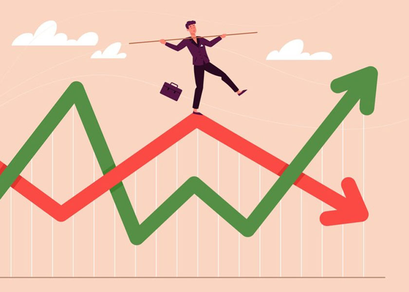 Graphic of man balancing on arrow graph
