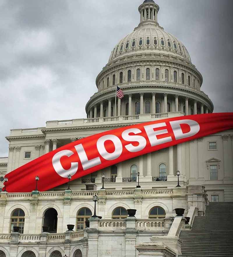 U.S. Capitol building with closed ribbon overlay representing market impact of a government shutdown