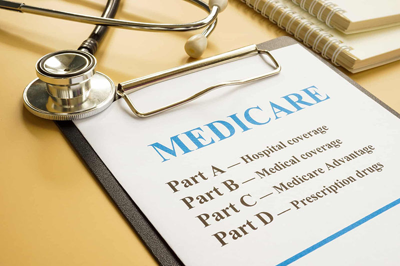 Medicare clipboard document with a stethoscope outlining parts A-D of Medicare.